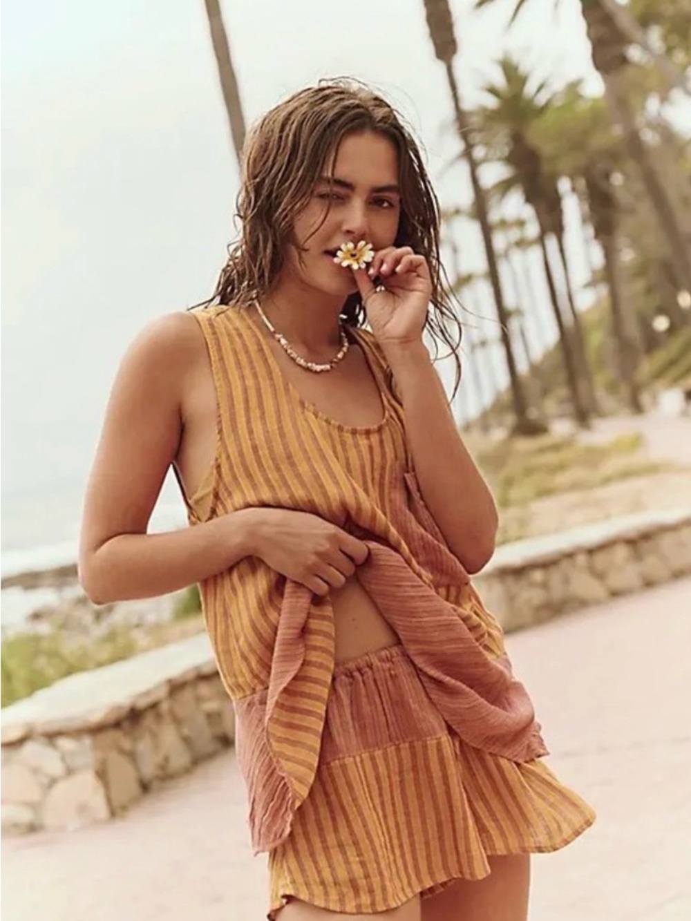 Free People Striped Matching Set Tank Top & Shorts Yellow Pink Size Medium